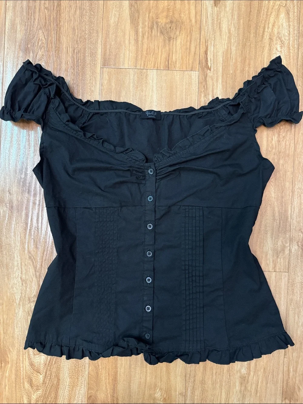 Brandy Melville Black Ruffle Off-Shoulder Button Top